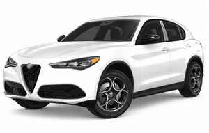 White Alfa Romeo Stelvio SUV, front three-quarter view on a white backdrop