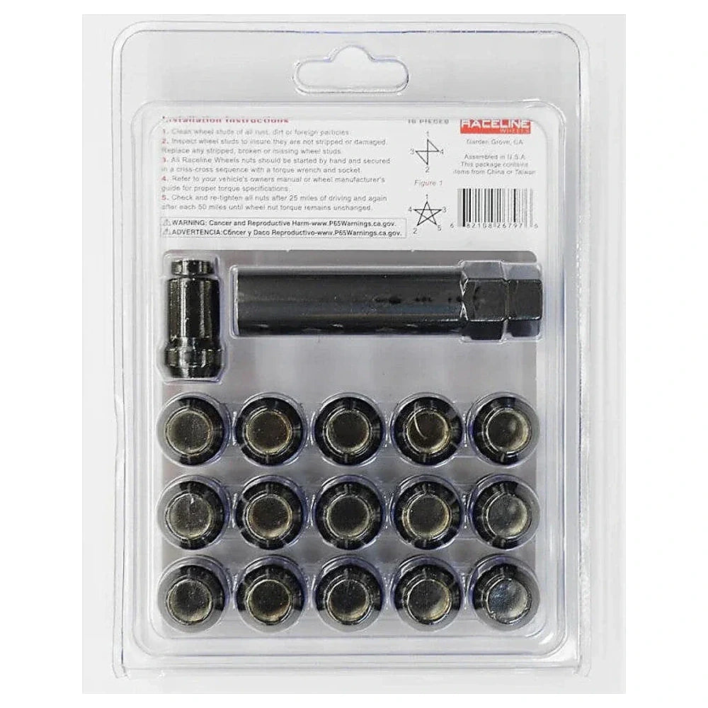 Raceline Spline Lug Nut Kit with Spline Key 12 x 1.5 - 16 Pack - Black