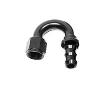 Load image into Gallery viewer, Close up Radium black anodized swivel fitting and barbed end
