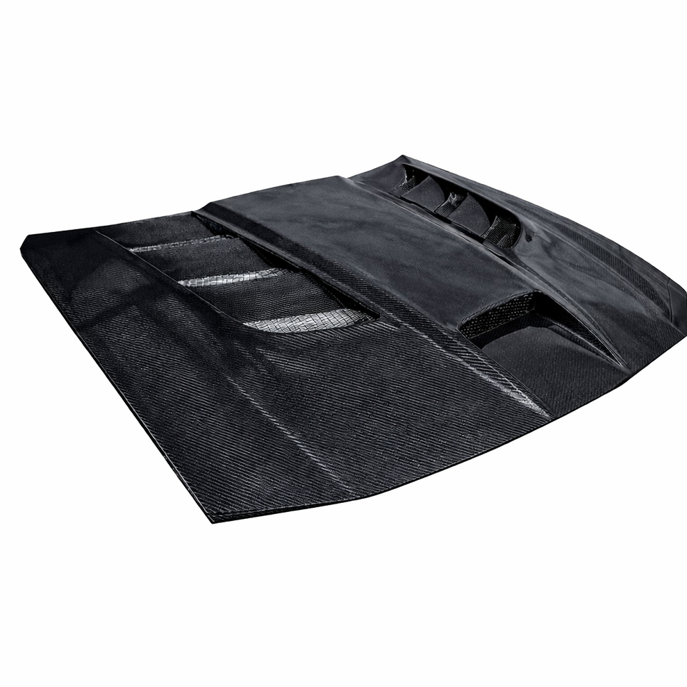 Front angle view of the Sniper 1.0 carbon fiber hood for 2006–2010 Dodge Charger. Lightweight, vented performance hood with aggressive styling.