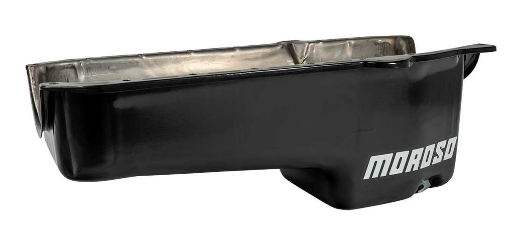 Moroso 1986+ Chevrolet Small Block (w/Passenger Side Dipstick) Wet Sump 5qt 7.5in Steel Oil Pan- Blk