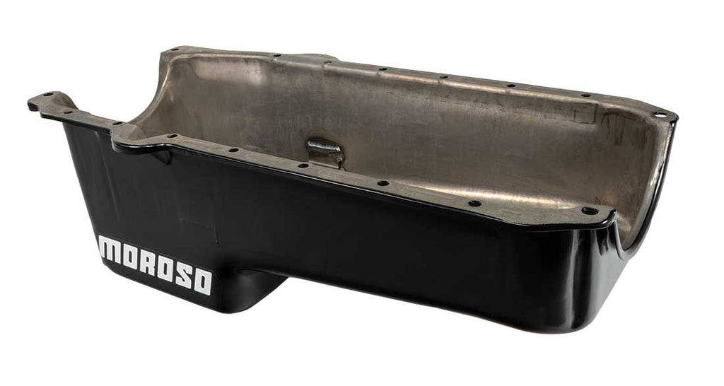 Moroso 1986+ Chevrolet Small Block (w/Passenger Side Dipstick) Wet Sump 5qt 7.5in Steel Oil Pan- Blk