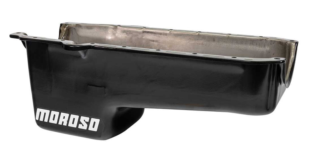 Moroso 1986+ Chevrolet SBC (w/Passenger Side Dipstick) Wet Sump 6qt 8.25in Steel Oil Pan - Black