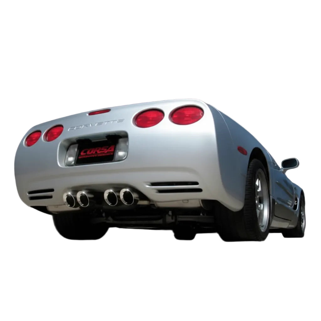 CORSA 14111CB twin 3.5 inch polished exhaust tips installed on Corvette C5 rear bumper