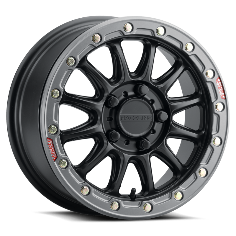 RCLA14BG-57012+53-Raceline A14BG Alpha 15x7in/5x114.3 BP/53mm Offset/68mm Bore - Black & Gunmetal Ring Beadlock Wheel-Wheels - Cast-Raceline