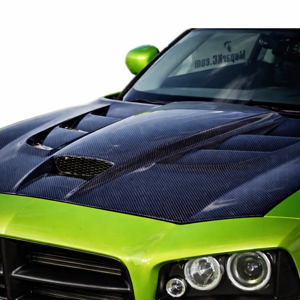Close-up of 3K 2x2 carbon fiber weave on the Sniper 1.0 hood for 2006–2010 Dodge Charger
