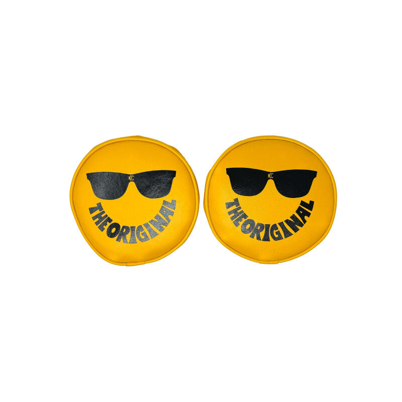 KCL5205-KC HiLiTES Retro 6in Round Yellow Vinyl Light Cover w/ Black KC Sunglasses Logo-Light Covers and Guards-KC HiLiTES