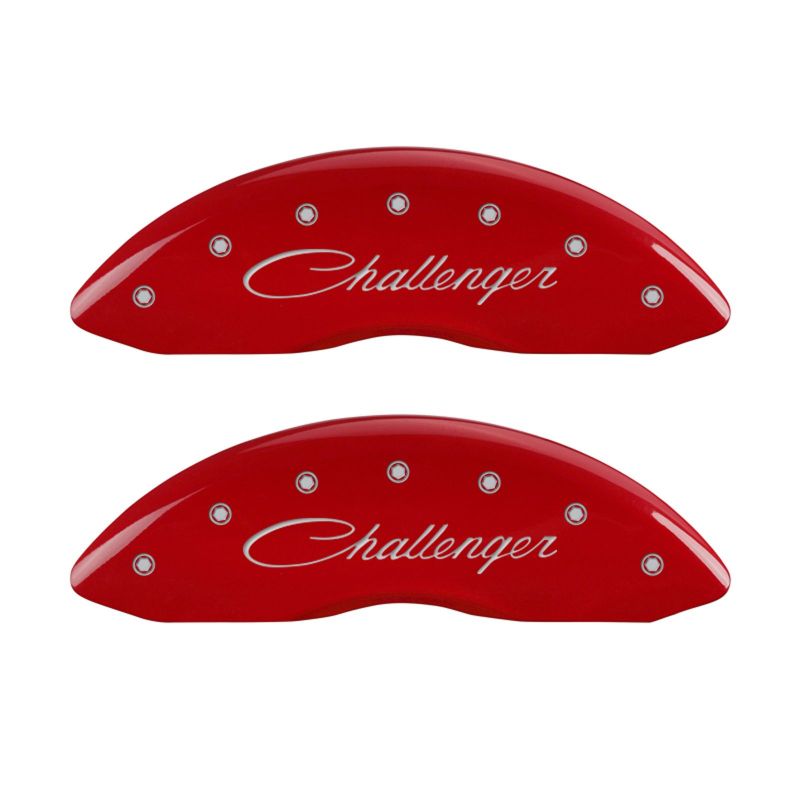 MGP12162SCLSRD-MGP 4 Caliper Covers Engraved Front & Rear Cursive/Challenger Red finish silver ch-Caliper Covers-MGP
