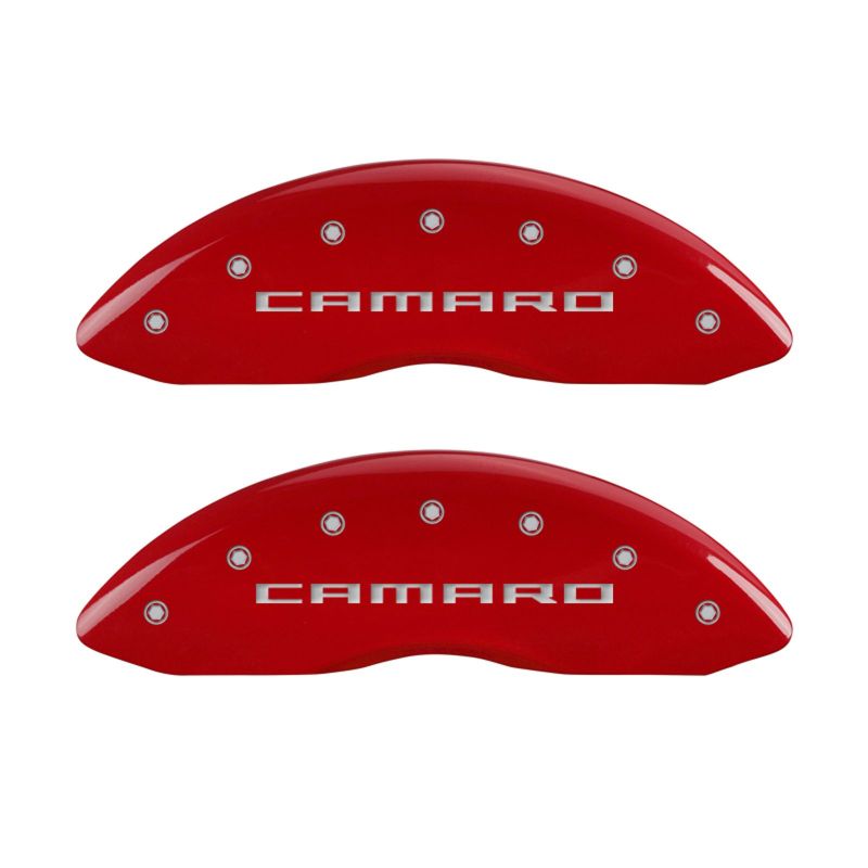MGP14033SCA5RD-MGP 4 Caliper Covers Engraved Front & Rear Gen 5/Camaro Red finish silver ch-Caliper Covers-MGP