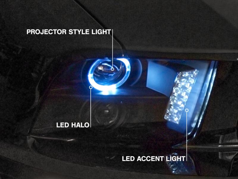Raxiom 05-09 Ford Mustang w/ Halogen LED Halo Prjctr Headlights-Blk Hsng(Smoked Lens Exclude GT500)-Headlights-Raxiom