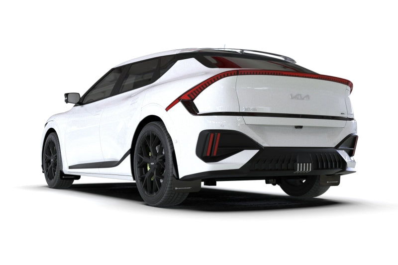 Rally Armor black polyurethane Kia EV6 mud flaps with metallic black logos