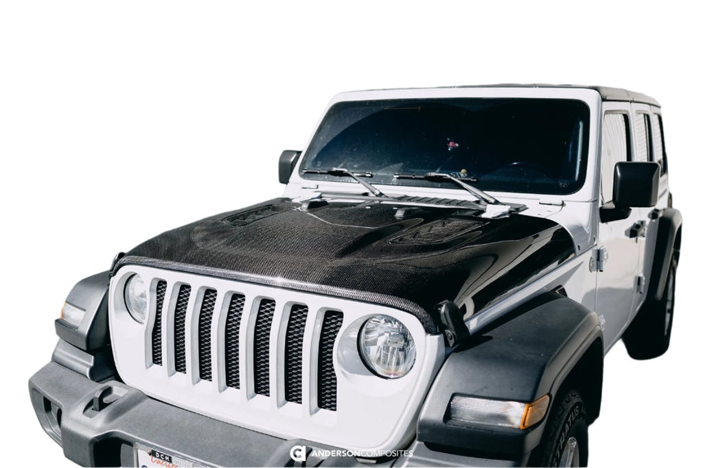 Installed View of Type-OE Carbon Fiber Hood on 2018–2023 Jeep Wrangler Rubicon