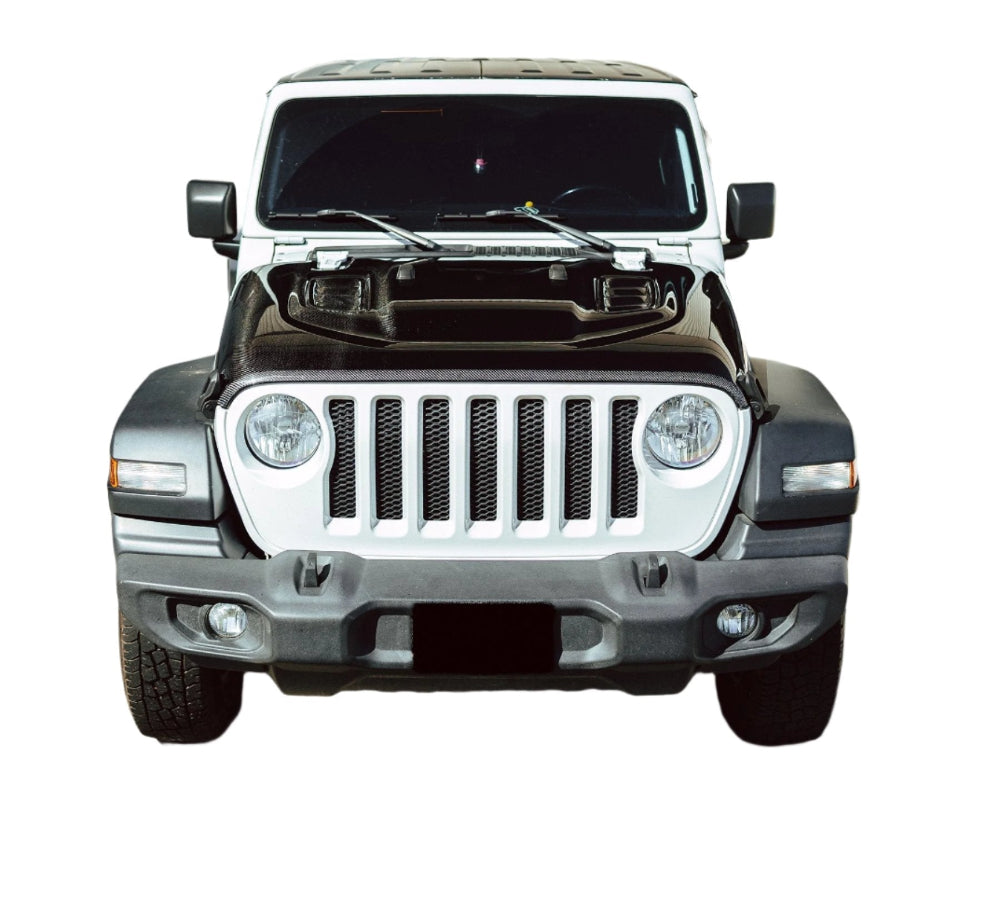 Installed View of Type-OE Carbon Fiber Hood on 2018–2023 Jeep Wrangler Rubicon