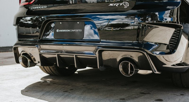 Rear view showing diffuser fins and aerodynamic contours installed on Dodge Charger Widebody.