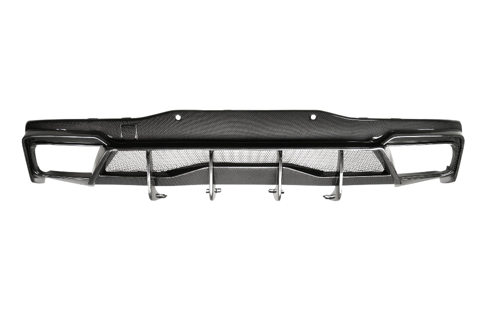 Front angled view of Anderson Composites carbon fiber rear diffuser for 2020–2025 Corvette C8.