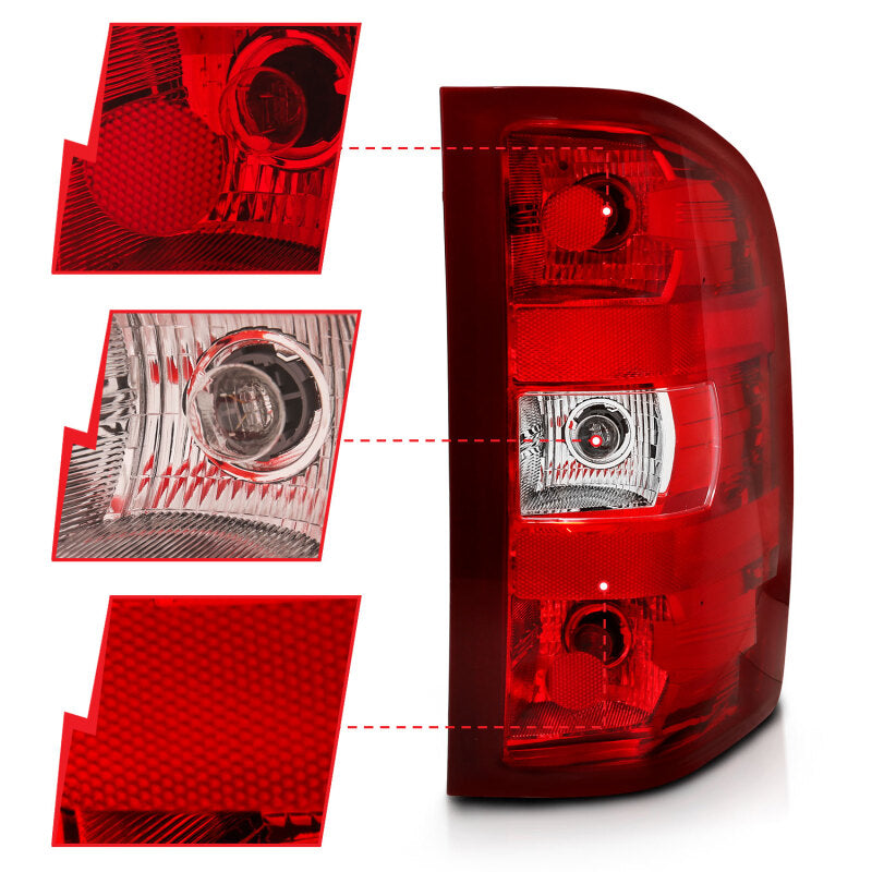 Close-up detail of ANZO 311303 red and clear taillight lens for 2007-2013 Chevrolet Silverado