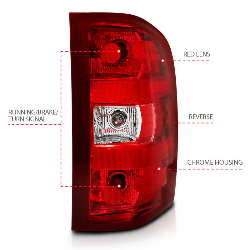 Rear angle view of ANZO 311303 red and clear OE replacement taillight for 2007-2013 Chevrolet Silverado
