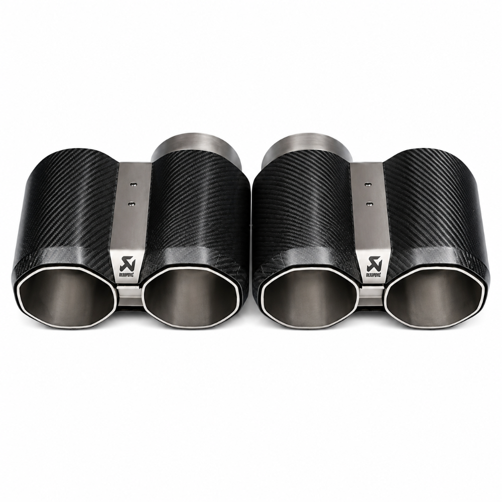 Shop Akrapovic TP-CT/69 octagonal carbon tail pipes for BMW G87 M2, G80 M3 & G82 M4. Gloss carbon tips, direct fit, stainless inner sleeves.