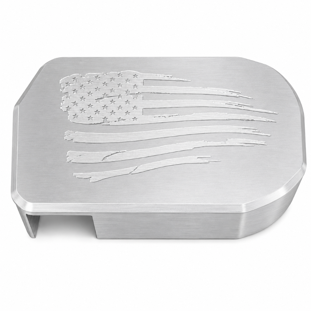 Billet Technology satin aluminum bypass valve cover with distressed battle flag engraving for Hellcat, Demon, and Trackhawk