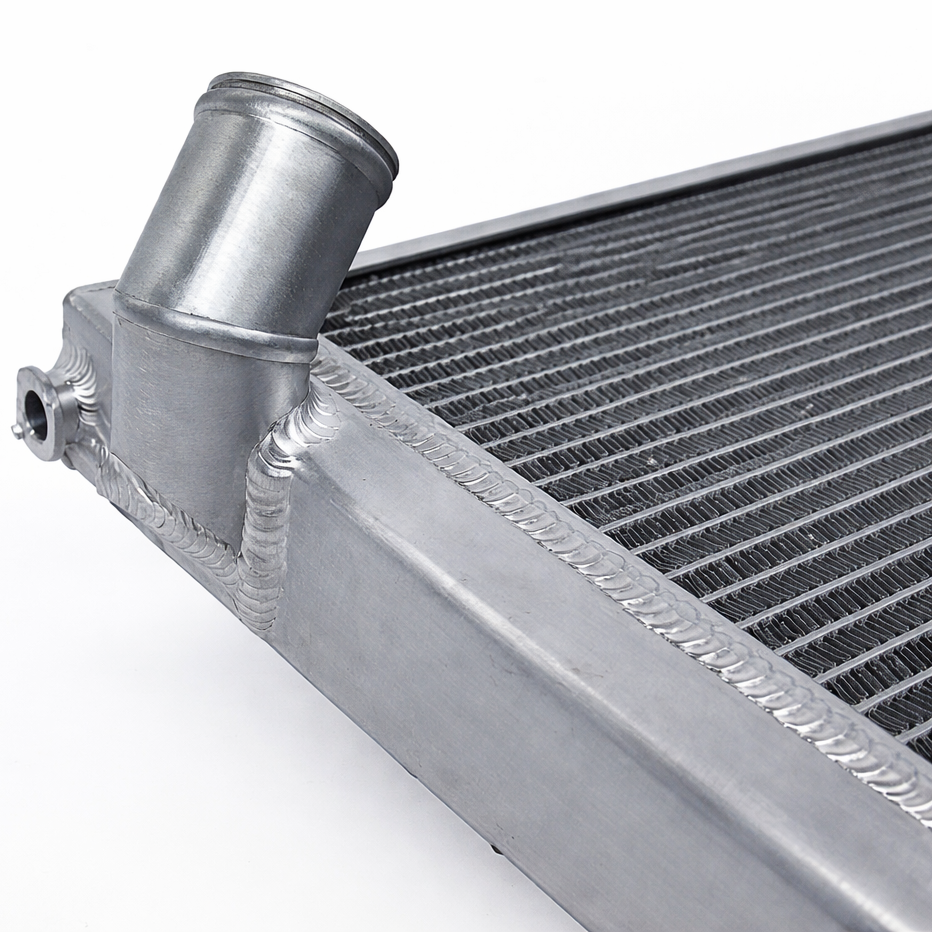 Close-up of CSF 7241 aluminum radiator angled filler neck and upper tank detail