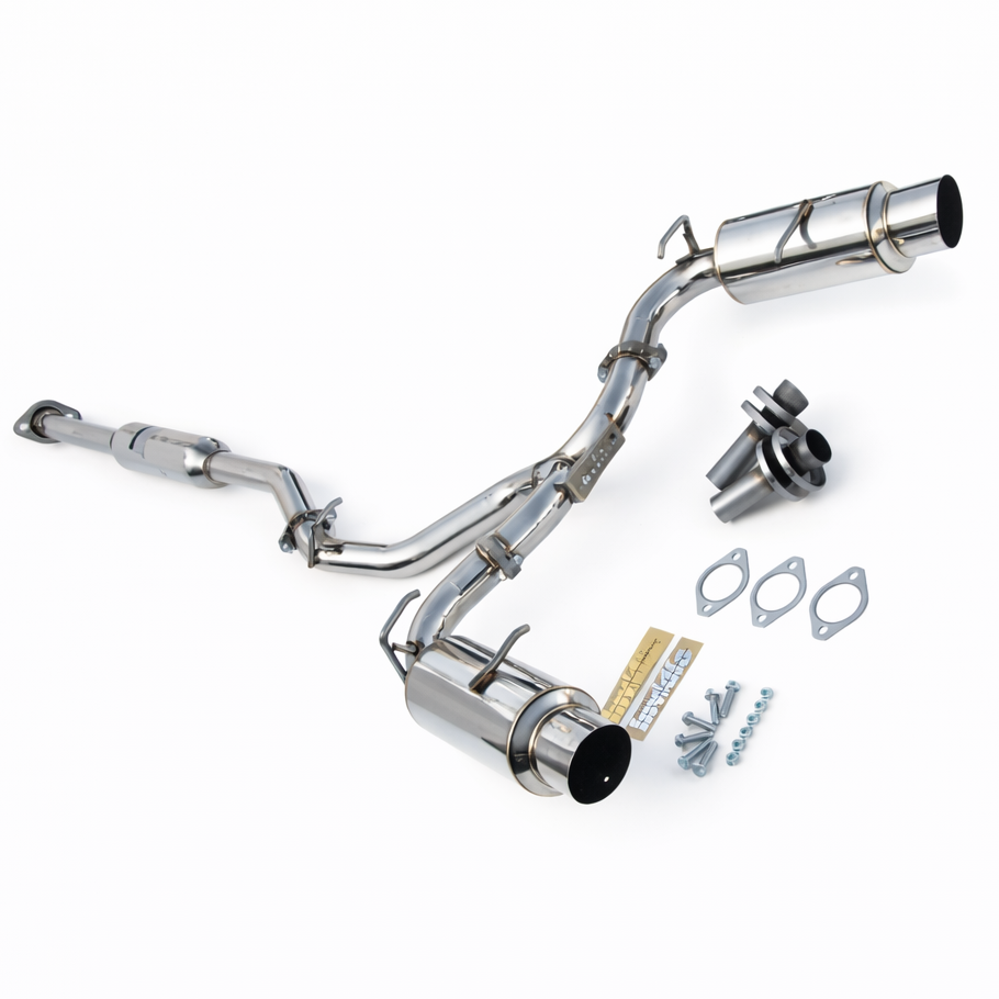 Invidia N1 cat-back exhaust system with polished stainless steel piping and aggressive dual muffler design
