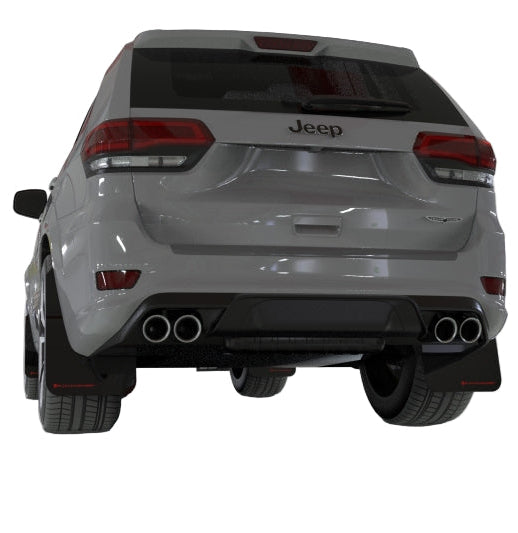Rally Armor black UR mud flaps with white logo installed on Jeep Trackhawk