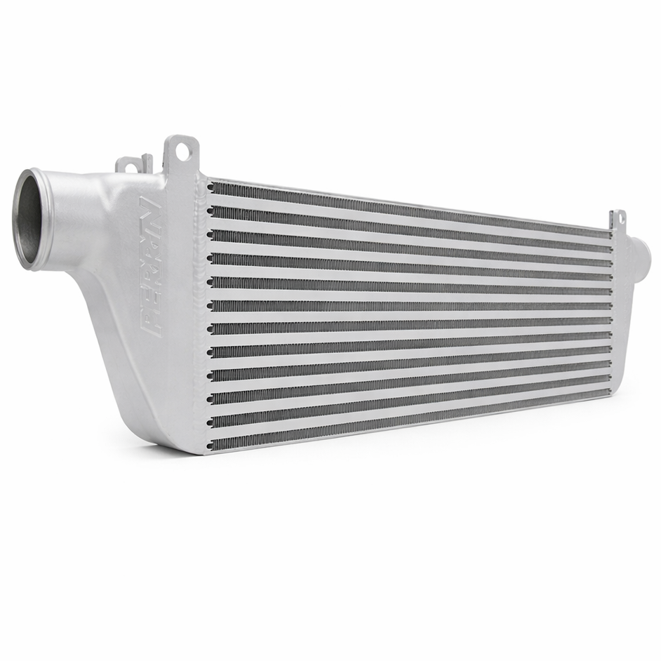 PERRIN silver front mount intercooler core shown at an angled side view on a white background.