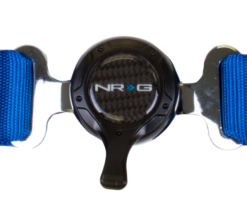 Close up NRG heavy duty cam lock buckle and blue straps