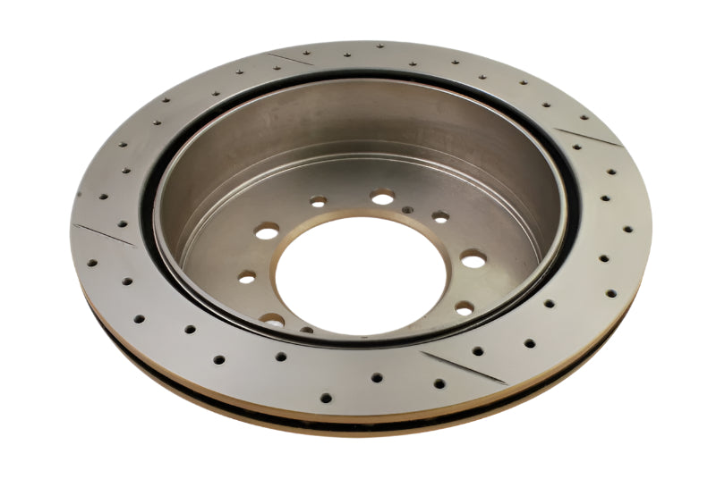 DBA 07+ Toyota Landcruiser 200 Series Rear Cross Drilled & Slotted Street Series Rotor - Close Up