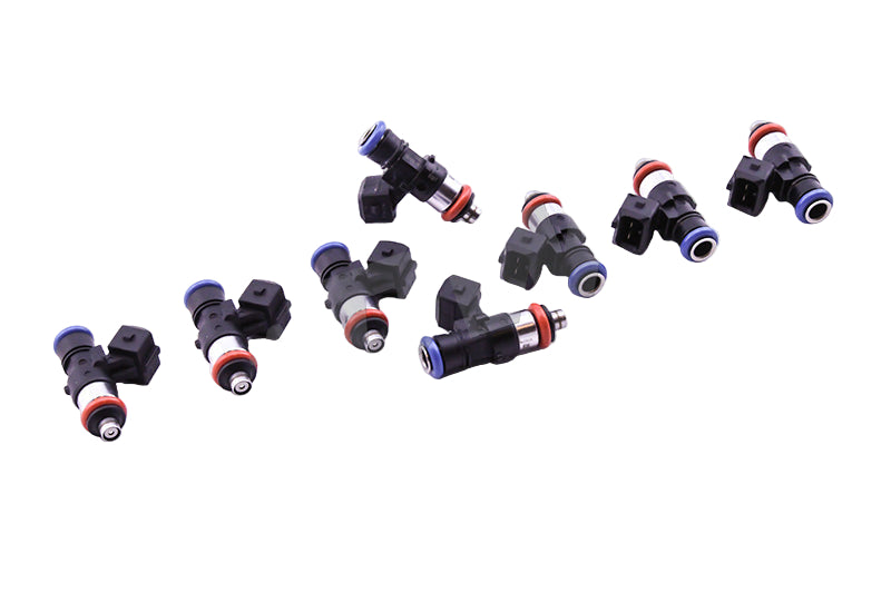 Front angle of DeatschWerks Bosch EV14 1500cc injectors for LS engines with red caps.