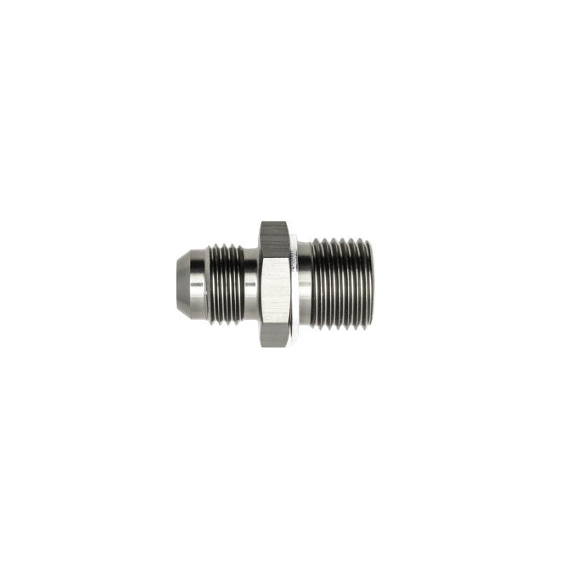 Close-up of DeatschWerks titanium 6AN to M16 x 1.5 adapter showing precision-machined threads.