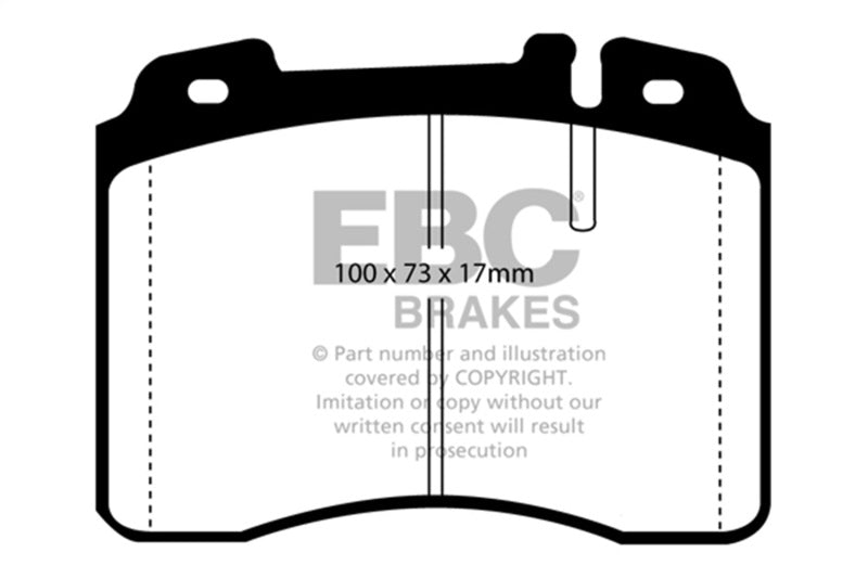 Side profile of EBC Yellowstuff brake pads displaying backing plate design and yellow finish.