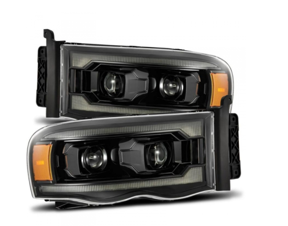 AlphaRex 02-05 Dodge Ram 1500 LUXX LED Proj Headlights Alpha Black w/Activ Light/Seq Signal - Black Ops Auto Works