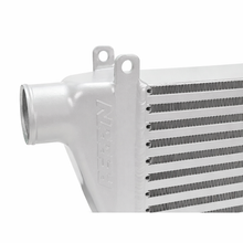 Load image into Gallery viewer, Close-up of the PERRIN intercooler end tank, inlet opening, and cooling fins on a white background.