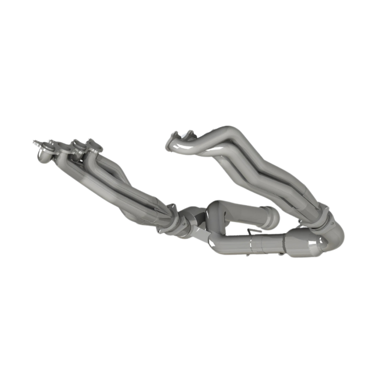 Photo showing an unmounted stainless steel exhaust header assembly for a vehicle.