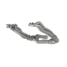 Load image into Gallery viewer, Photo showing an unmounted stainless steel exhaust header assembly for a vehicle.