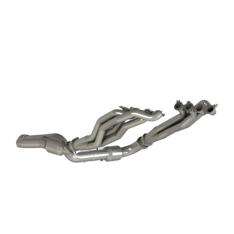 Photo showing an unmounted stainless steel exhaust header assembly with catalytic converter for a vehicle.