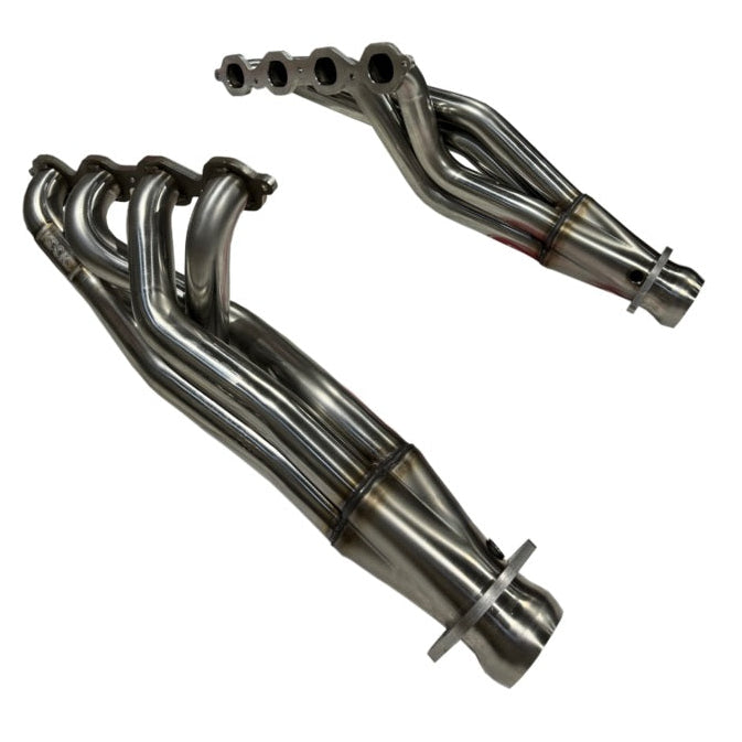 Photo showing a pair of stainless steel exhaust headers for a vehicle.
