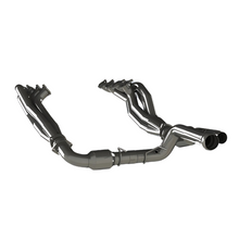 Load image into Gallery viewer, Photo showing a pair of stainless steel long tube exhaust headers connected by a crossover pipe for a vehicle.