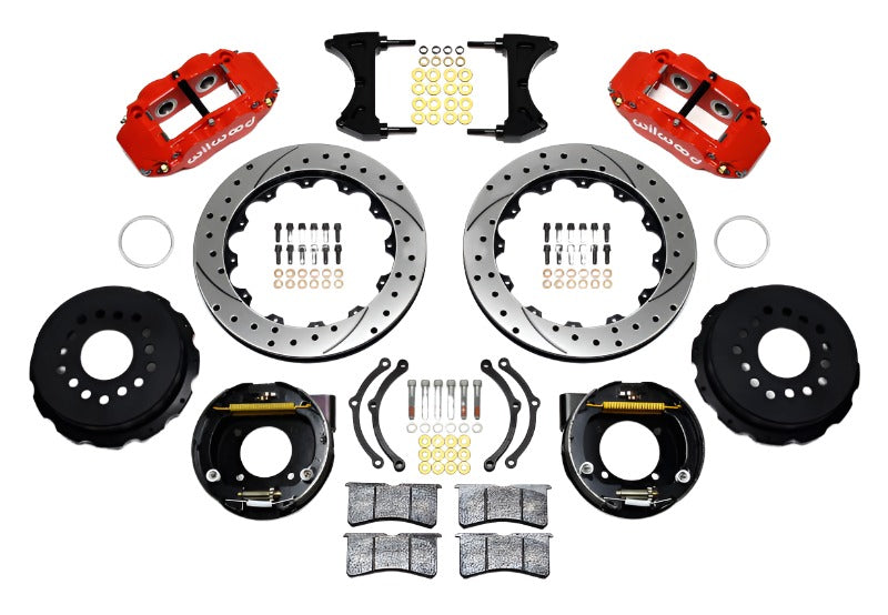 Wilwood Narrow Superlite 4R Rear P-Brk Kit 12.88in Drilled Red Chevy 12 Bolt w/ C-Clips-Big Brake Kits-Wilwood