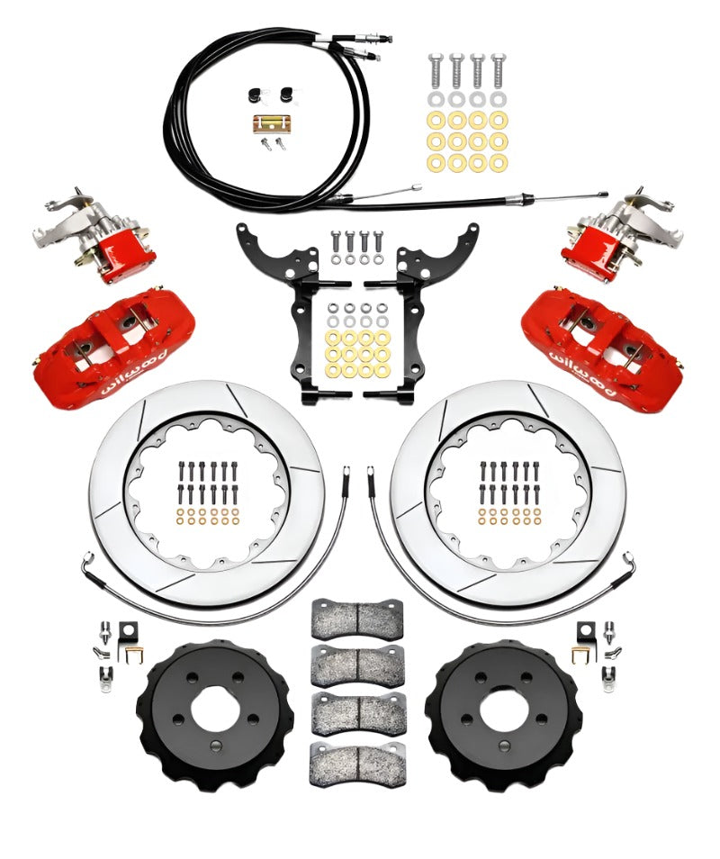 Wilwood AERO4 / MC4 Rear Kit 14.00 Red 2015-Up Mustang w/Lines & Cables Wilwood