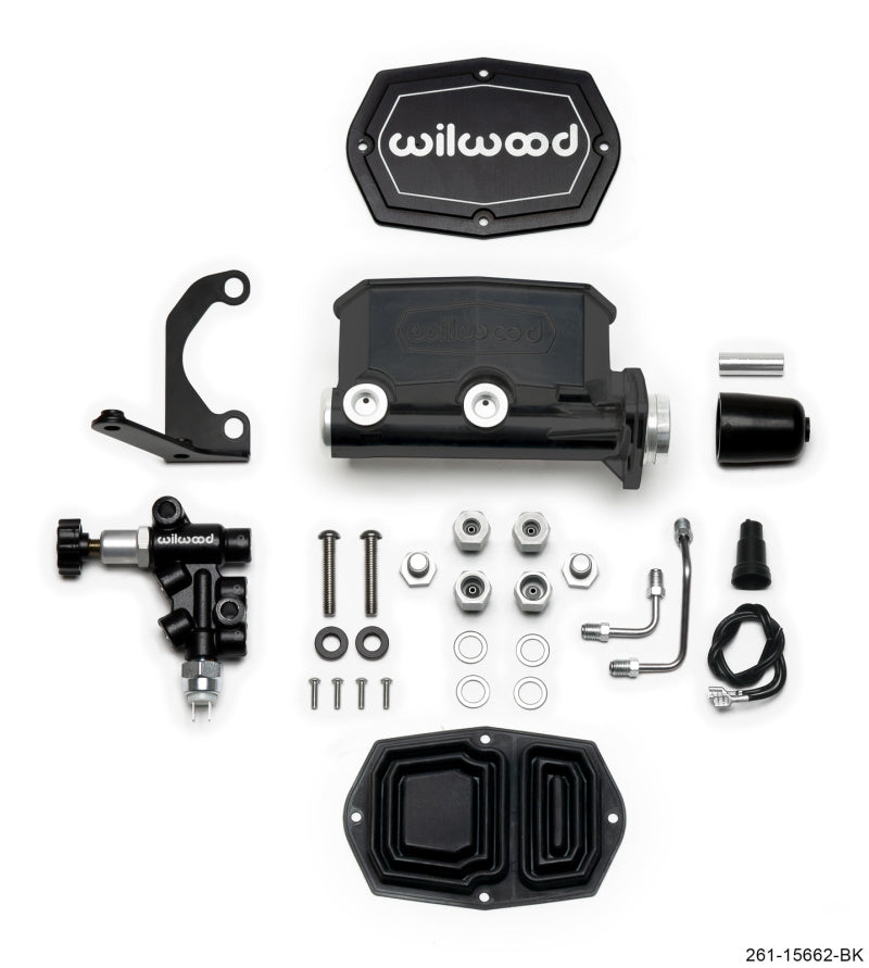 Wilwood Compact Tandem M/C - 1.12in Bore w/RH Bracket and Valve - Black - Black Ops Auto Works