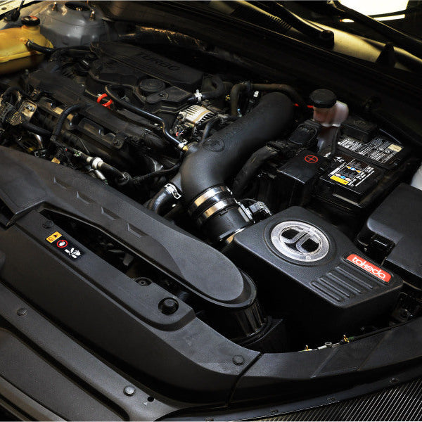 aFe Takeda Momentum cold air intake installed in the engine bay of a 2021-2024 Kia K5 1.6L Turbo