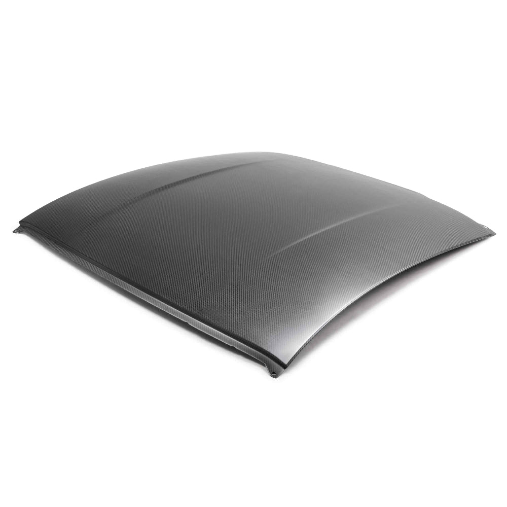 Front angle of Anderson Composites 2015–2024 Ford Mustang dry carbon roof replacement