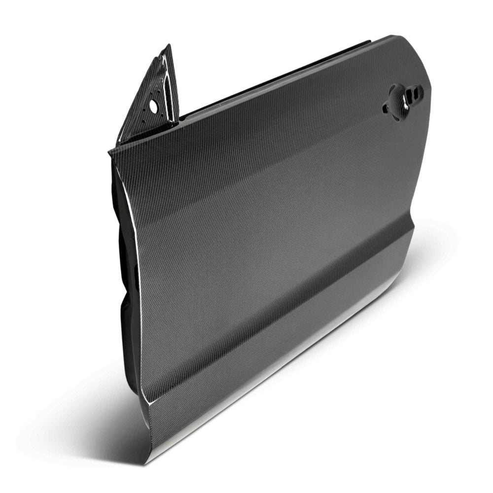 Close-up of Anderson Composites carbon weave finish on Mustang dry carbon doors