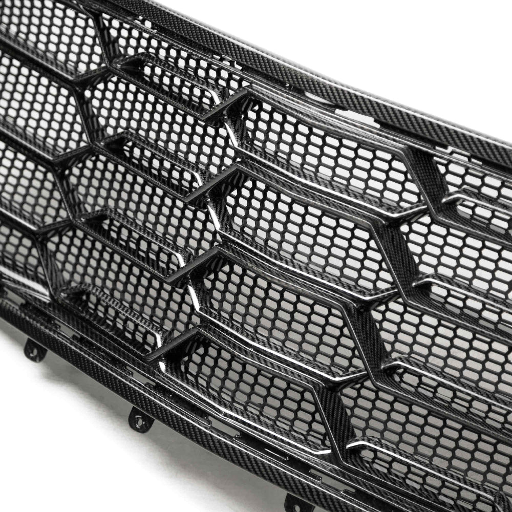 Close-up showing honeycomb mesh and carbon weave structure of ZL1 1LE grille