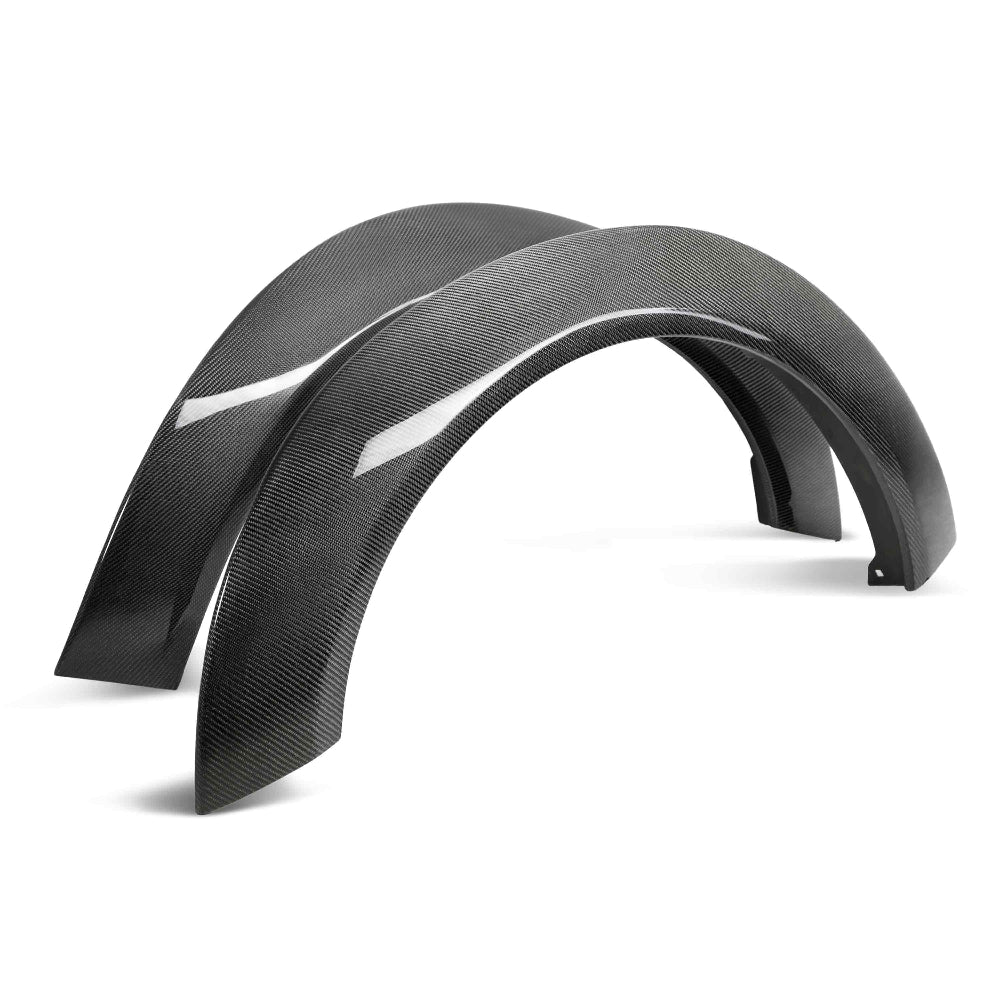 Carbon fiber front fender flares – front angled view on Dodge Challenger.