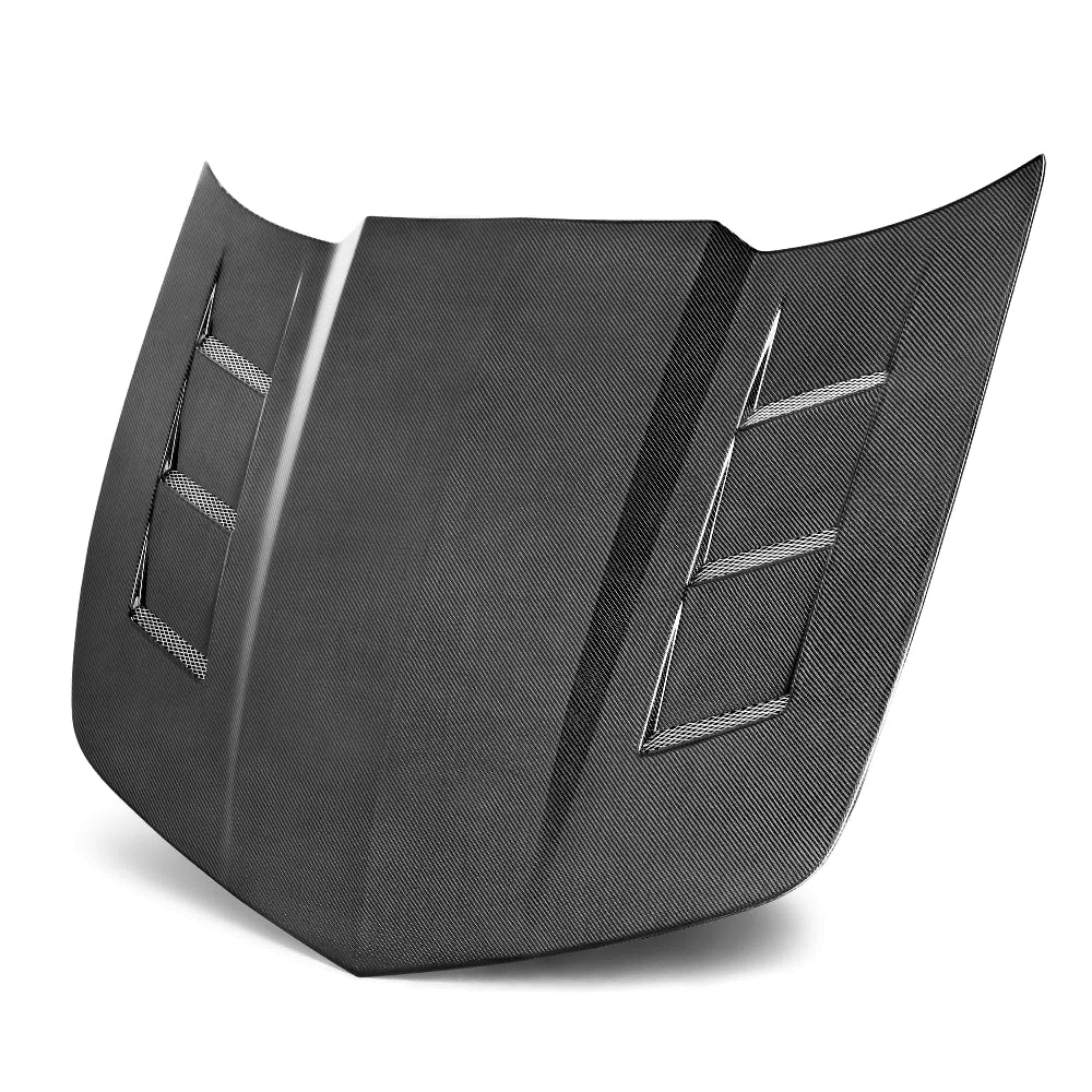 Front view of Anderson Composites TSII-style carbon fiber hood for 2010–2015 Chevy Camaro.