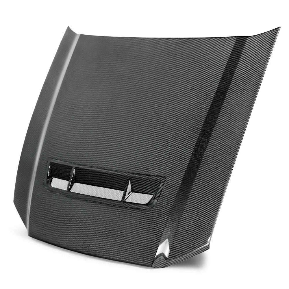 Front angle view of Anderson Composites Type-GT Carbon Fiber Hood for 2010–2014 Mustang & Shelby GT500