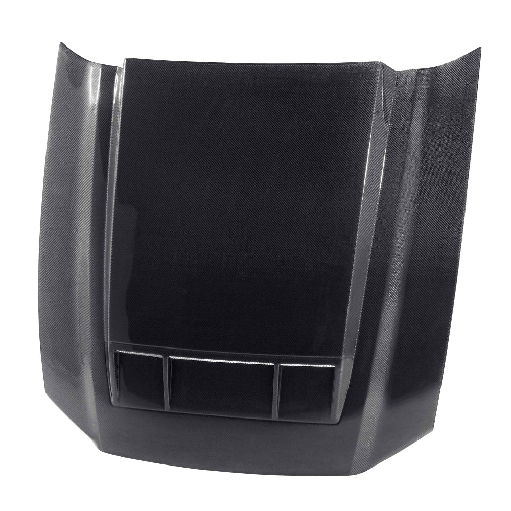 Front angled view of Anderson Composites 2010–2014 Ford Mustang Type-TS Ram Air Carbon Fiber Hood